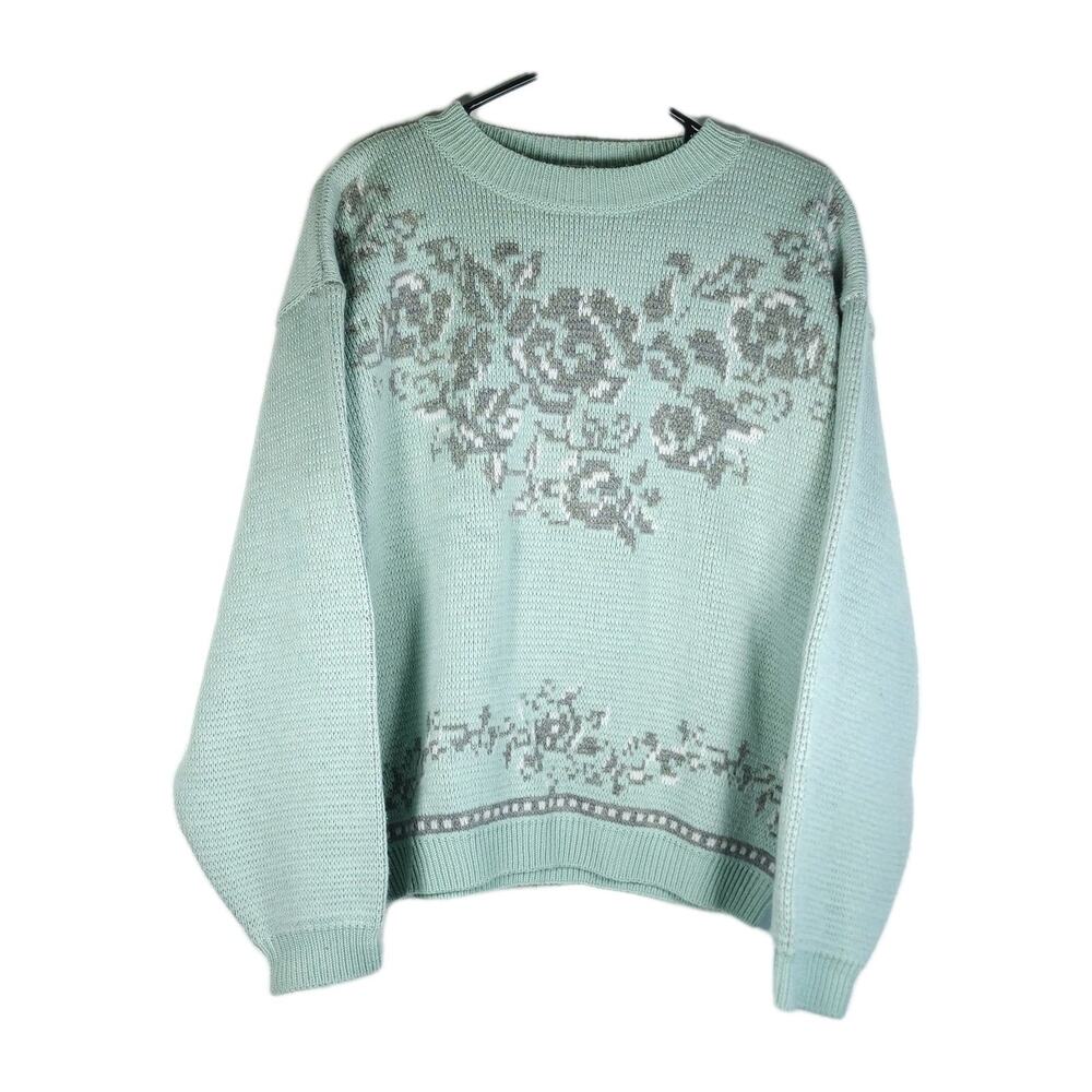 Together Women's Vtg 90’s Sz M Mint Green Knit Floral Slouchy Boyfriend Sweater